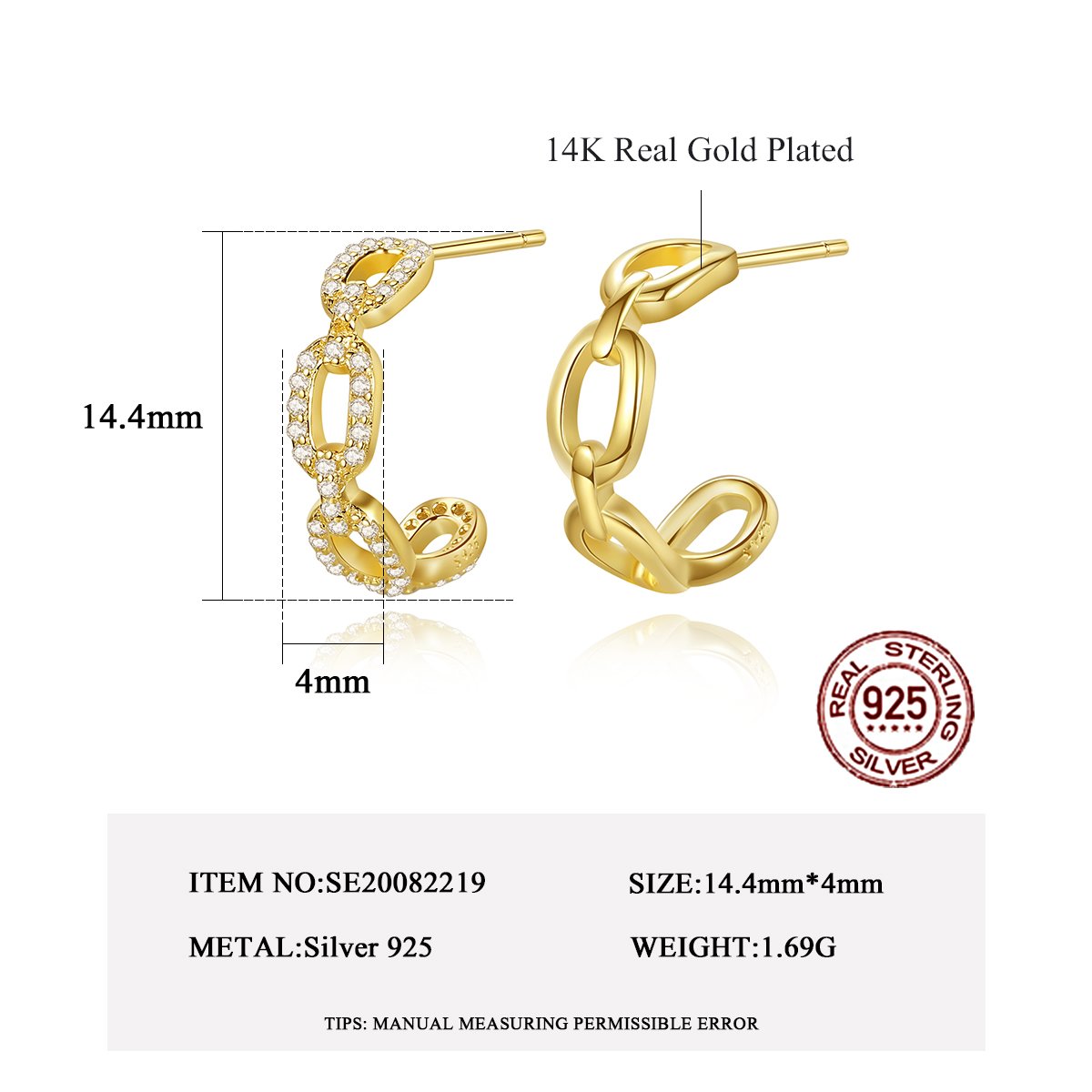 CZCITY 925 Chain Cuff Ladies Earings Cuban Chain Link Luxury Jewelry Women New Asymmetric Earrings Sterling Silver Hoop Earring