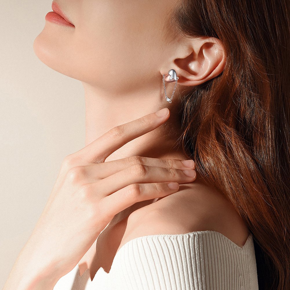 RINNTIN EQE74 New Arrivals Earring With Chain Cuff 925 Sterling Silver Earrings Jewelry Heart Earrings For Women