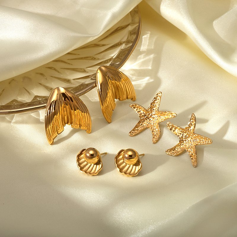 Fashion Jewelry Stainless Steel Ocean Series Earrings Summer Beach Jewelry Seashell Starfish Charm Stud Earrings