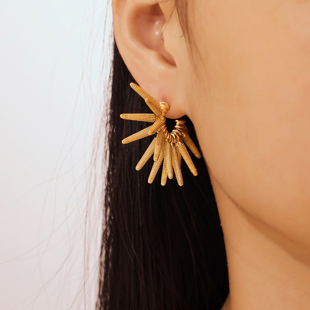 Retro C- Shaped Sunflower Earrings Stainless Steel 18K Gold Plated Chic Exaggerated Design Stud Earrings Fine Jewelry