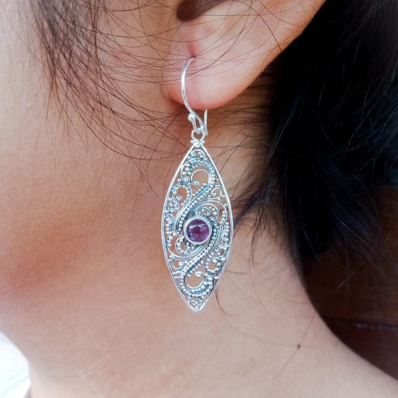 NY-ER059-Bali Eye Shape Hook Earrings Cuff Earring Etnic Design Jewelry Fashion for Women Girls Sterling Silver Gemstone Earring