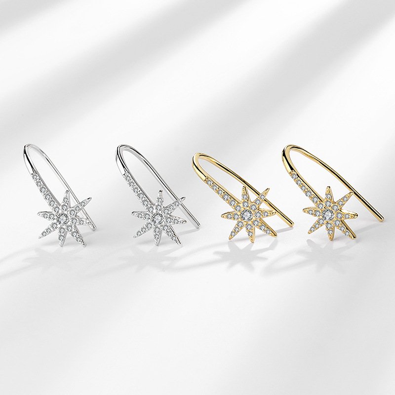 Daochong Custom 925 Sterling Silver Non Piercing Cartilage Earrings Cz Starburst Star Ear Cuff Wrap Earrings Jewelry