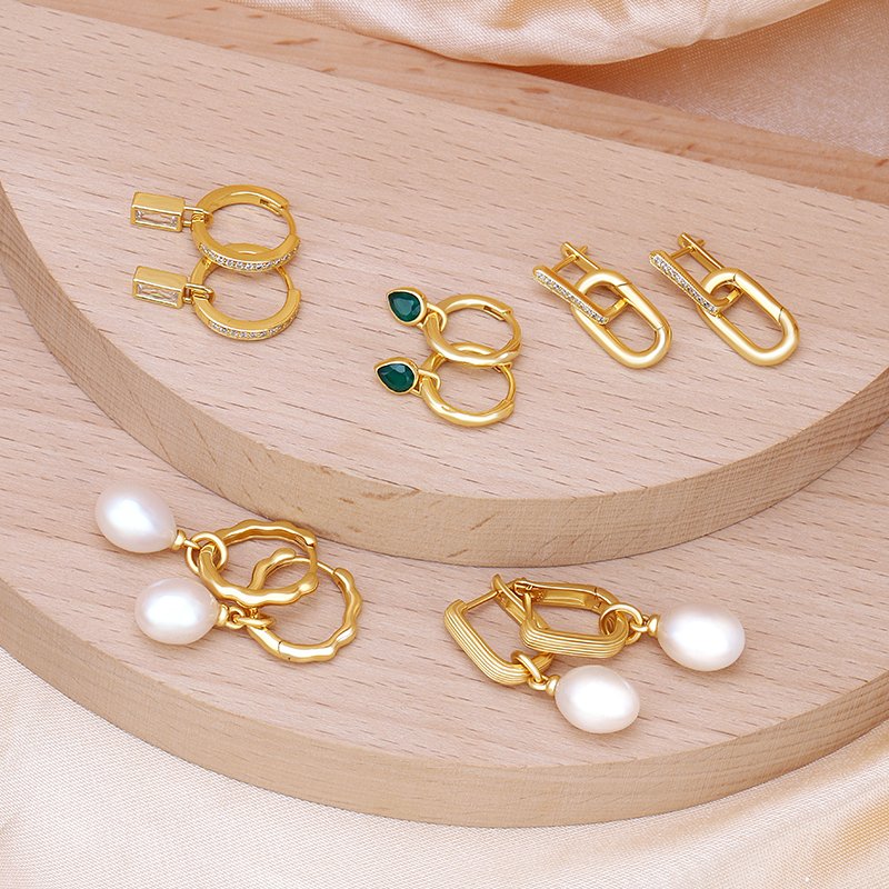 Hot Chunky Designer Huggie Hoop Statement 18K Gold Plated Geometric Earrings Women Set Jewelry with zircon agate gemstone pearl