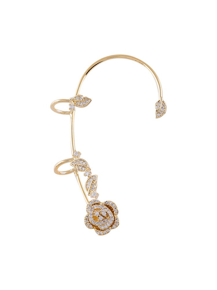 2023 Fine Jewelry Gold Plated Shiny Rhinestone Rose Flower Cuff Earrings Non Piercing Iced Out Zircon Flower Ear Clip Earrings