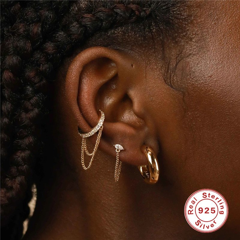 Carline topsale Fashion Cuff Jewelry Non Pierced Minimalist 925 Sterling Silver Tassel Chain Zircon Earring 18k Gold Plated