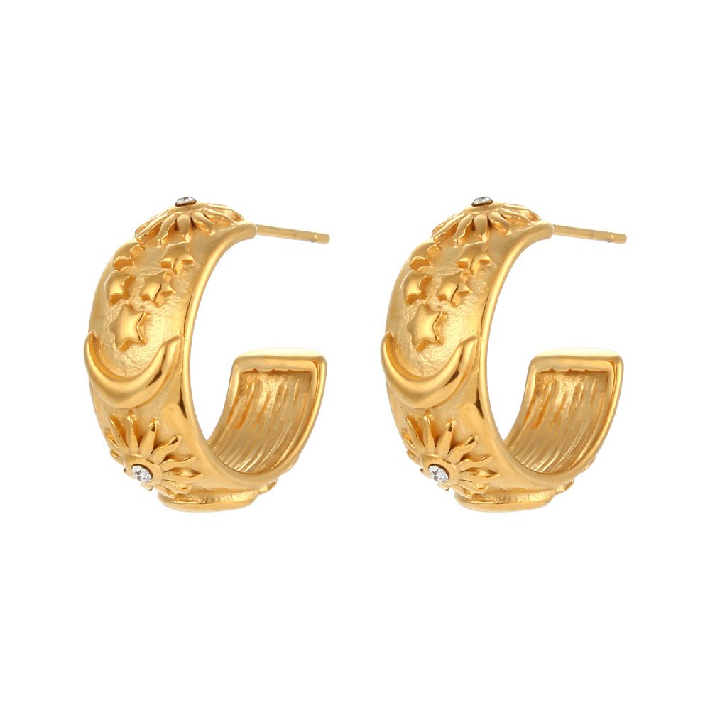 18k Gold Plated Jewelry For Women Stainless Steel Cubic Zirconia Diamond Embossed Star Moon Sun Gold Bracelet Earring Set