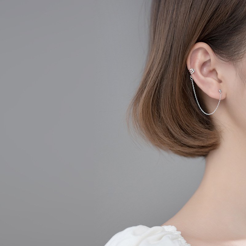 1 Piece Fashion 925 Sterling Silver Geometric Non Pierced Ear Cuff Minimalist Long Chain Clip on Earrings Jewelry for Women