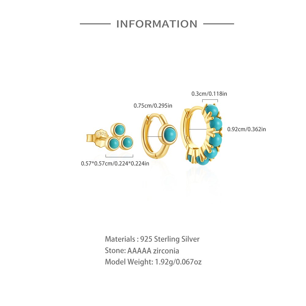 Fine Jewelry Small Huggies Earrings 925 Sterling Silver Gold Plated Blue Studs Turquoise Eternity Hoop Earrings Sets For Women