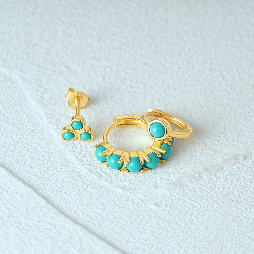 Fine Jewelry Small Huggies Earrings 925 Sterling Silver Gold Plated Blue Studs Turquoise Eternity Hoop Earrings Sets For Women