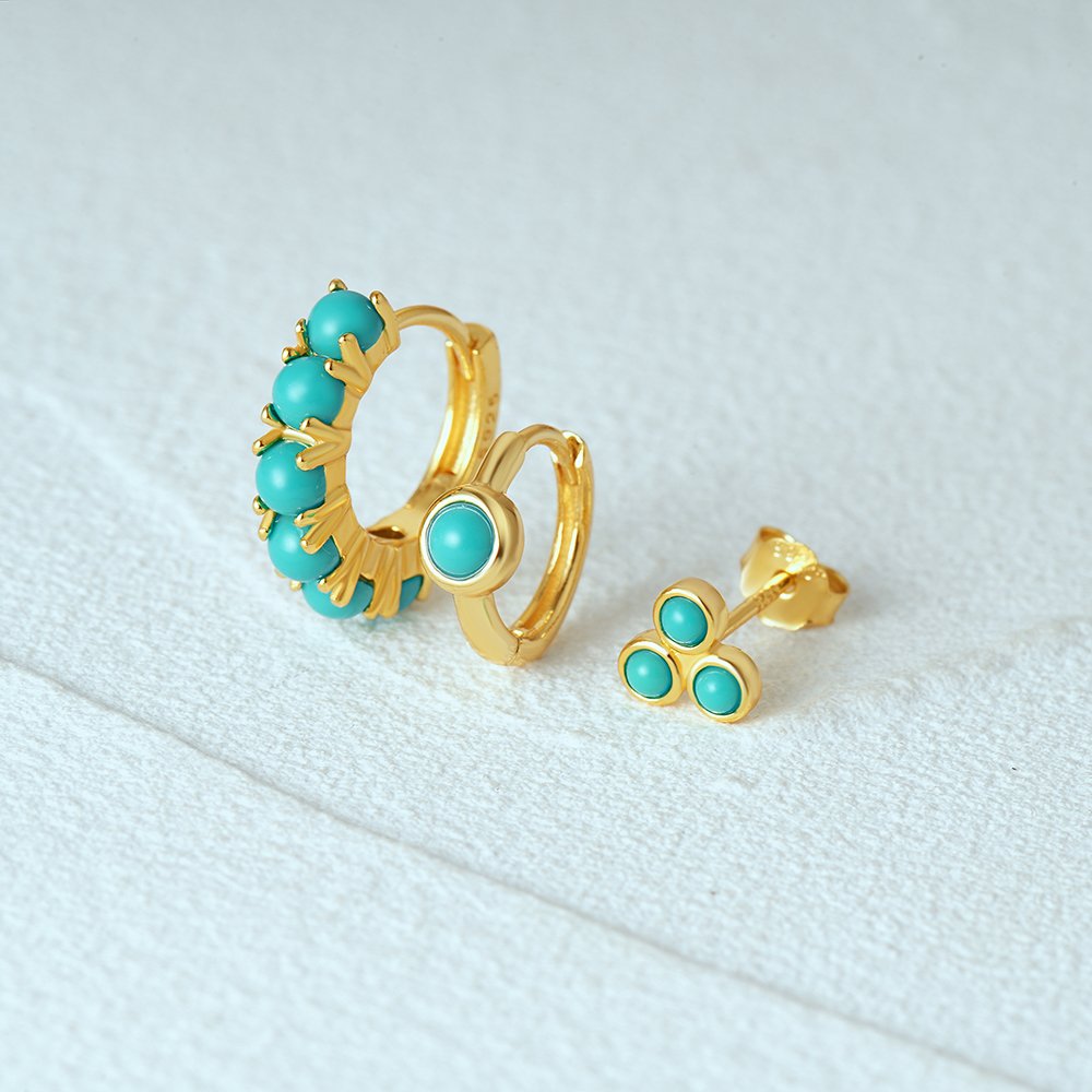 Fine Jewelry Small Huggies Earrings 925 Sterling Silver Gold Plated Blue Studs Turquoise Eternity Hoop Earrings Sets For Women