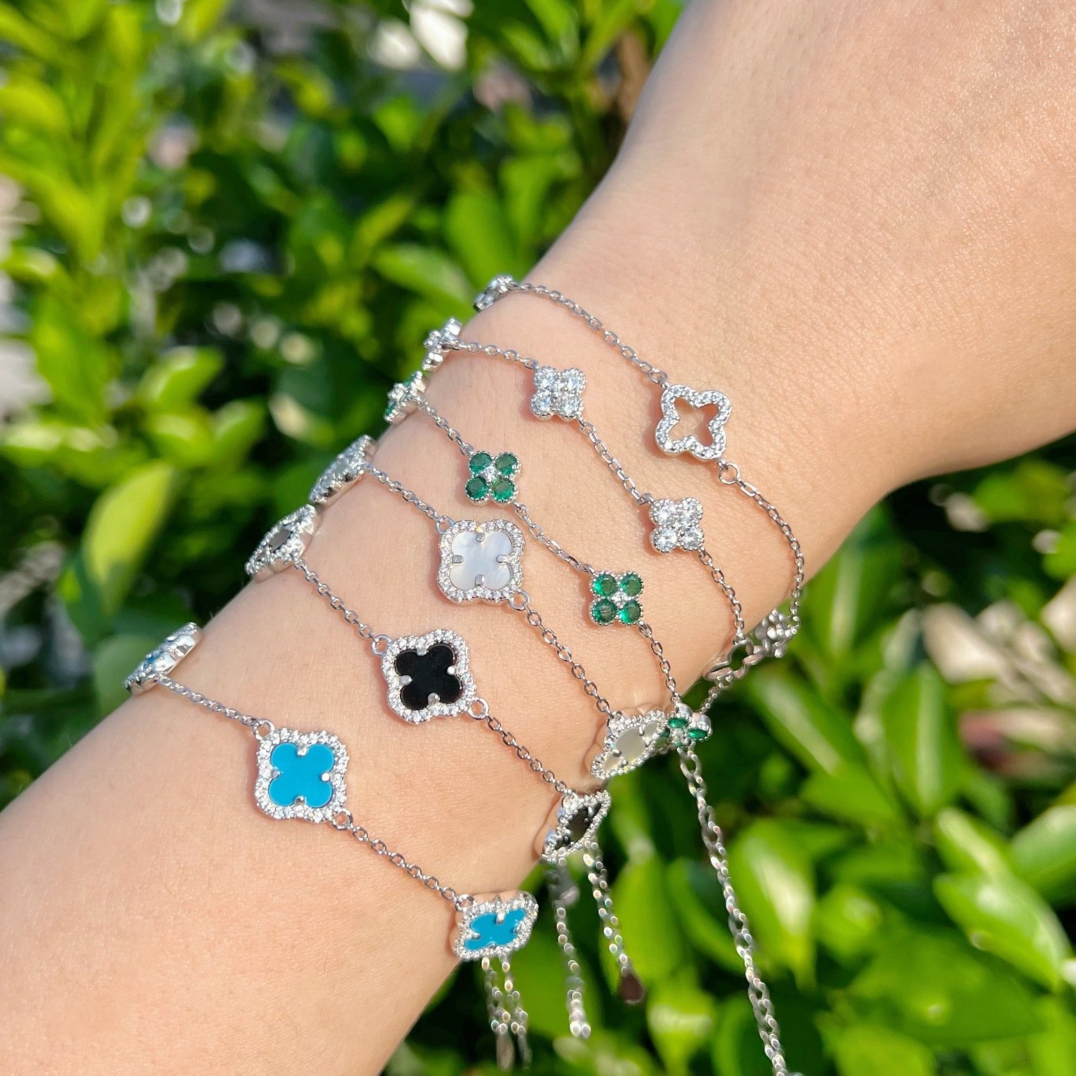 Oem Fine 925 Sterling Silver Agate Four Leaf Clover Fashion Jewelry Set Lucky Girls Women Valentine Bracelet Necklace Earrings