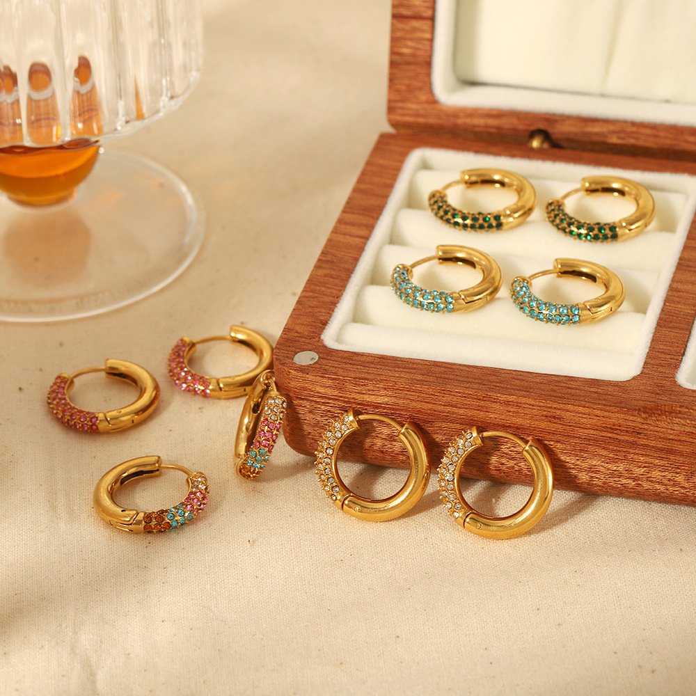 Stainless Steel Colorful Zircon Hoop Earrings Hypoallergenic Gold Plated Diamond Huggie Rainbow Crystal Water Proof Jewelry
