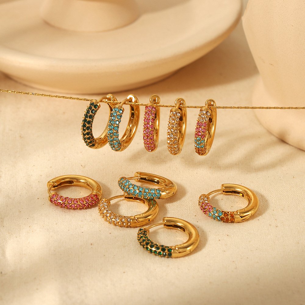 Stainless Steel Colorful Zircon Hoop Earrings Hypoallergenic Gold Plated Diamond Huggie Rainbow Crystal Water Proof Jewelry