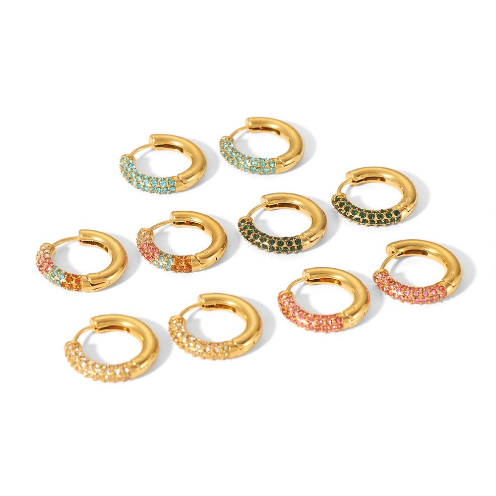 Stainless Steel Colorful Zircon Hoop Earrings Hypoallergenic Gold Plated Diamond Huggie Rainbow Crystal Water Proof Jewelry