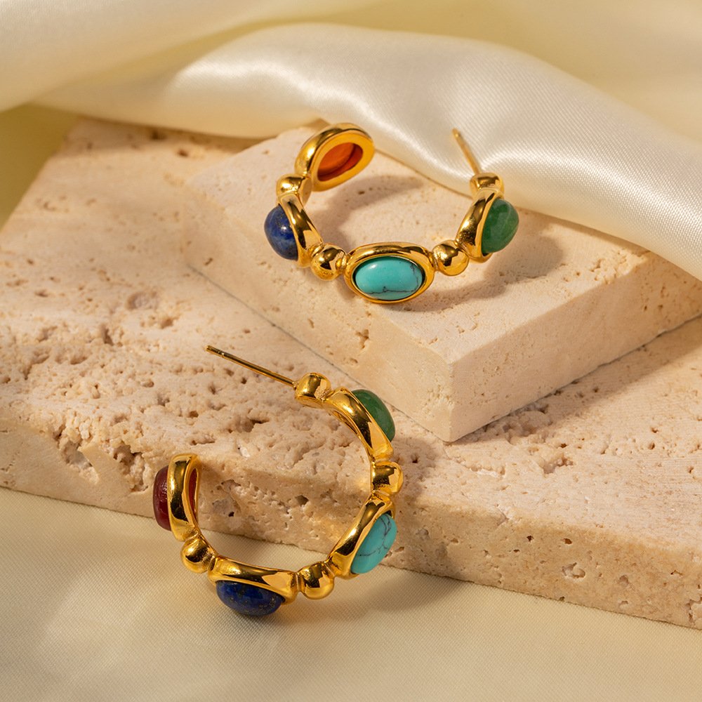 Cute18K Gold Stainless Steel C Shape Statement Earrings For Girls Non Tarnish Titanium Steel Colorful Natural Stone Earrings