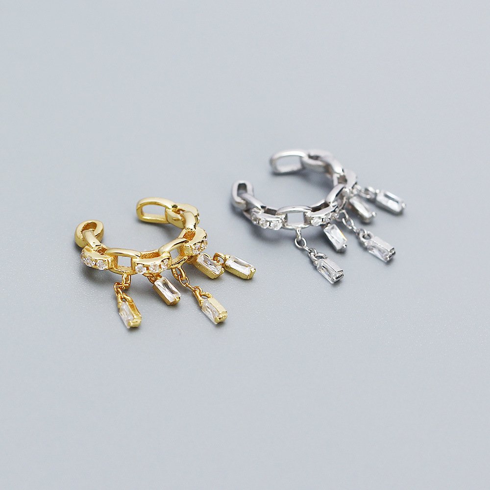 Custom Fine Jewelry 18K Gold Plated 925 Sterling Silver Inlay Diamond Tassel Earrings Cuff Clip Without Piercing Earring YHE0570
