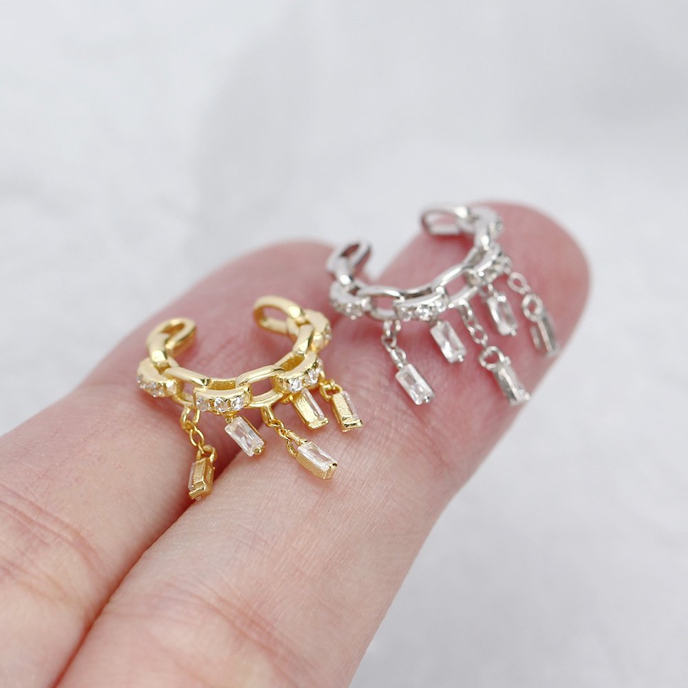 Custom Fine Jewelry 18K Gold Plated 925 Sterling Silver Inlay Diamond Tassel Earrings Cuff Clip Without Piercing Earring YHE0570