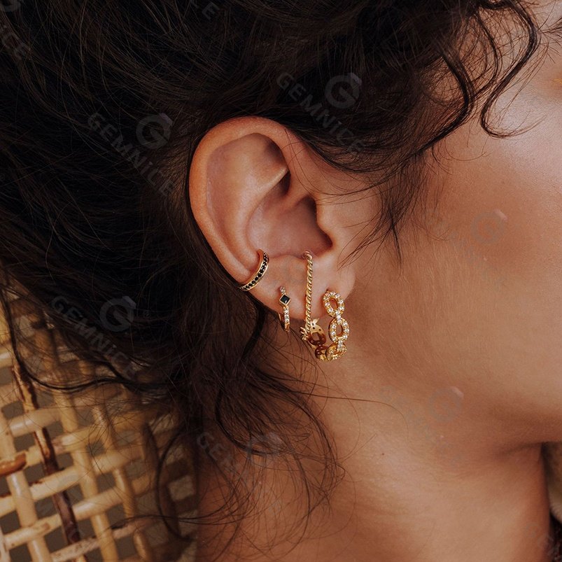 Gemnel jewelry 925 silver classic 18k gold plated single pave black cz cuff earrings for women