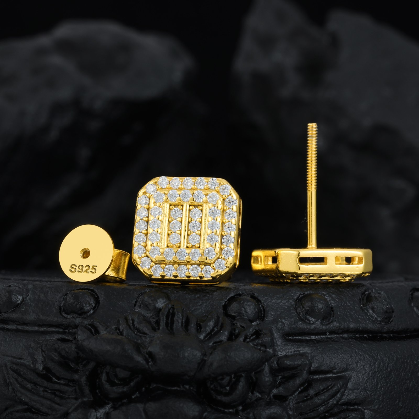 Fine Jewelry Gold Plated 925 Sterling Silver 3 Rows Lab Created VVS Moissanite Diamond Square Geometric Stud Earrings For Men