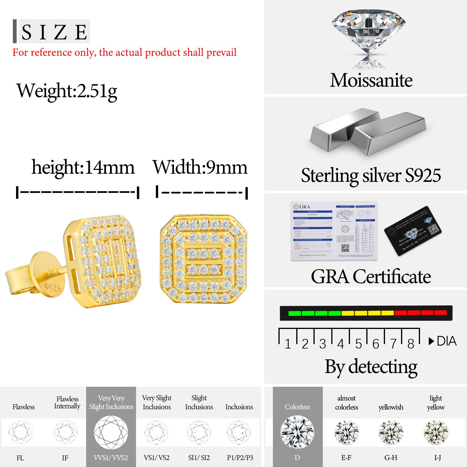 Fine Jewelry Gold Plated 925 Sterling Silver 3 Rows Lab Created VVS Moissanite Diamond Square Geometric Stud Earrings For Men