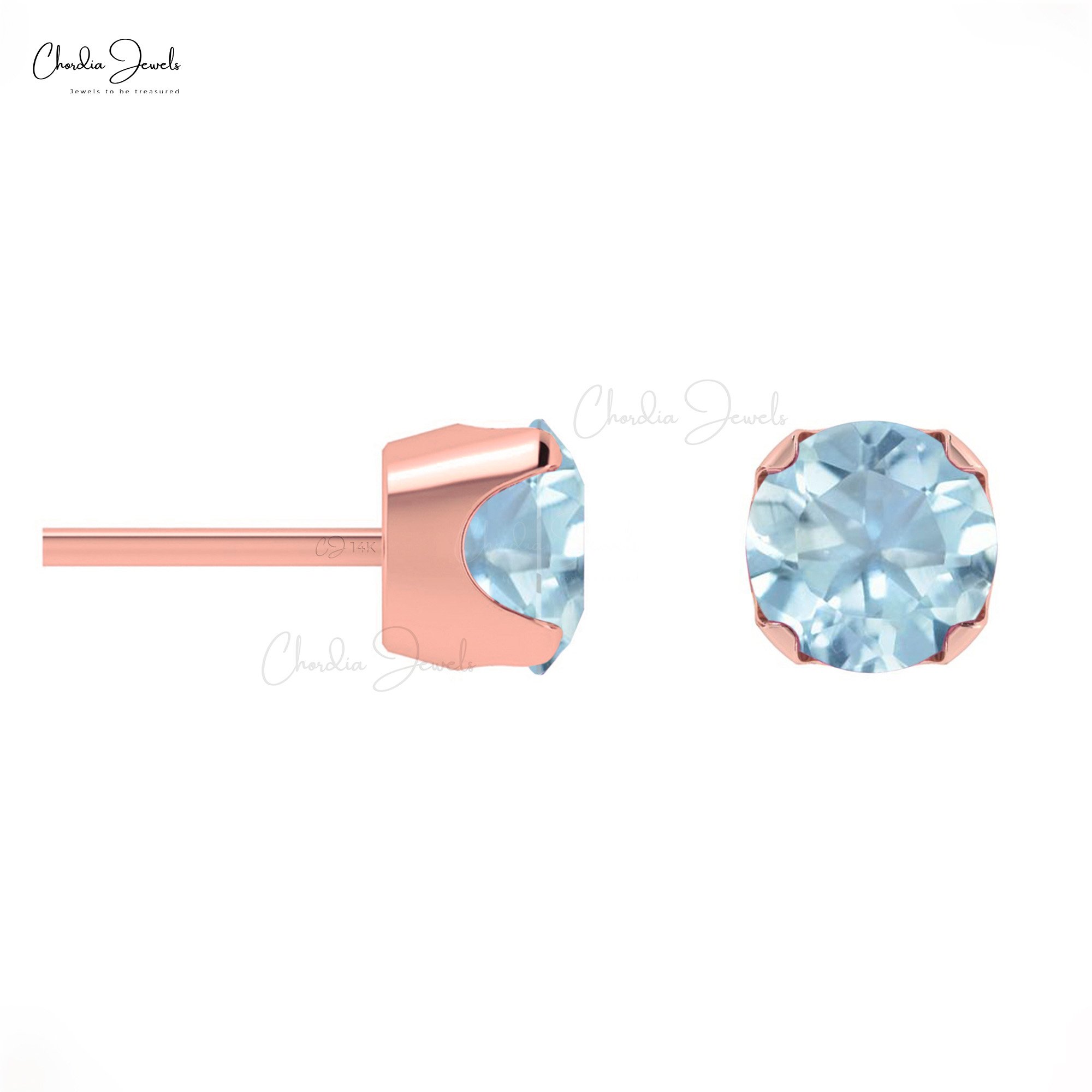 14k Solid Gold Dainty Studs 4mm Round Cut Aquamarine Gemstone Engagement Earrings Handmade Birthstone Jewelry At Wholesale Price
