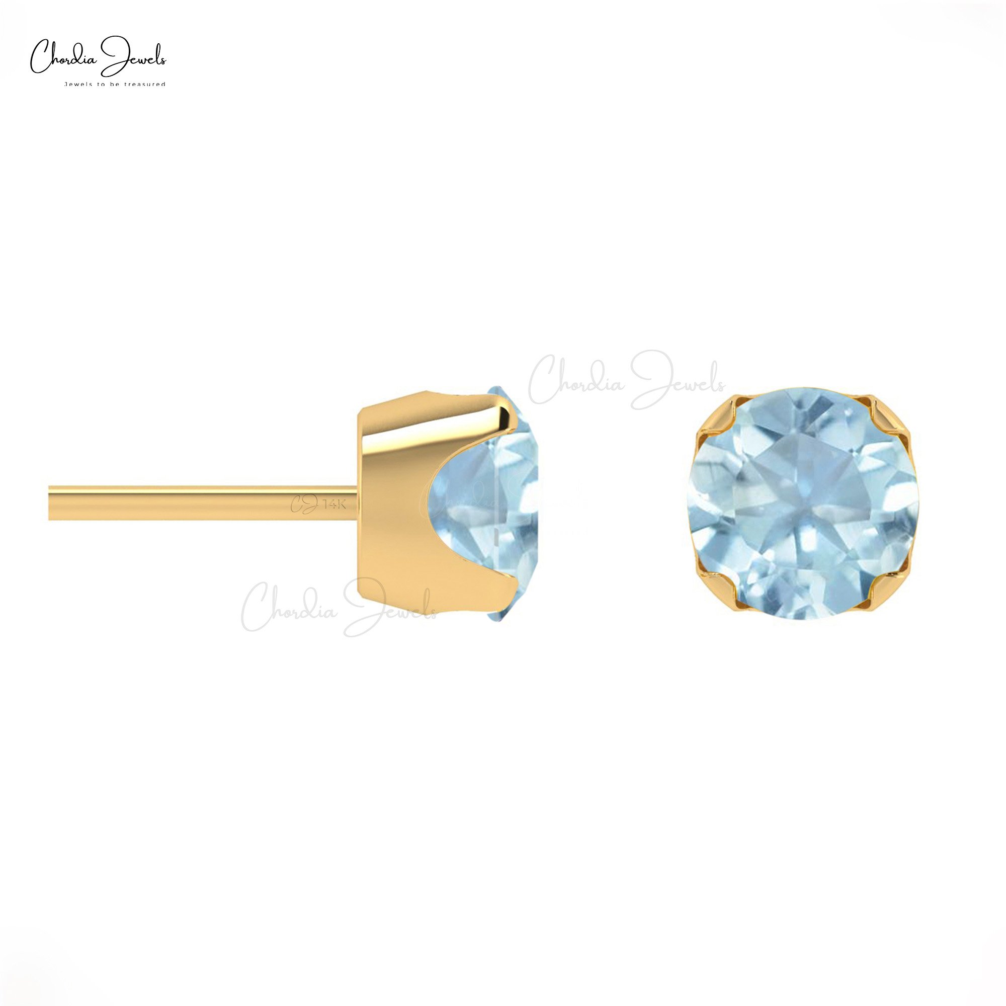 14k Solid Gold Dainty Studs 4mm Round Cut Aquamarine Gemstone Engagement Earrings Handmade Birthstone Jewelry At Wholesale Price
