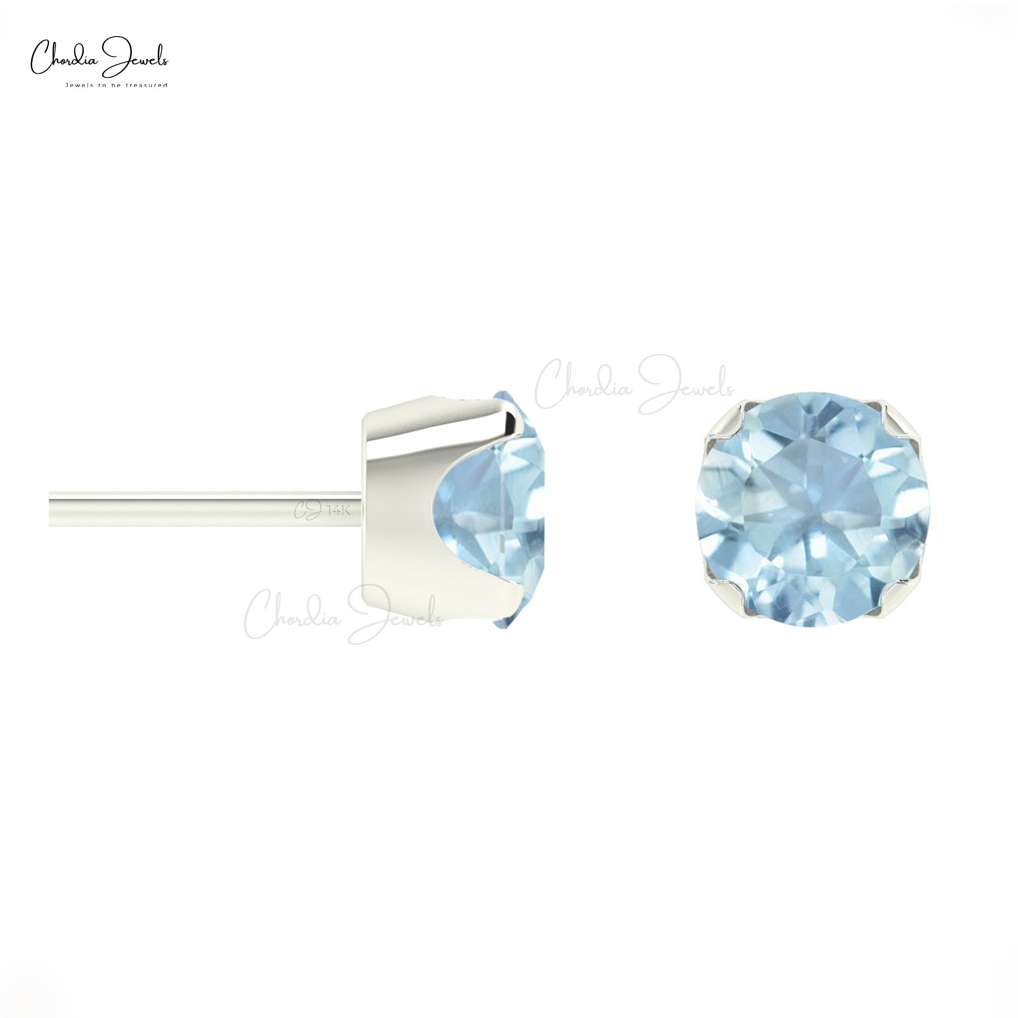 14k Solid Gold Dainty Studs 4mm Round Cut Aquamarine Gemstone Engagement Earrings Handmade Birthstone Jewelry At Wholesale Price