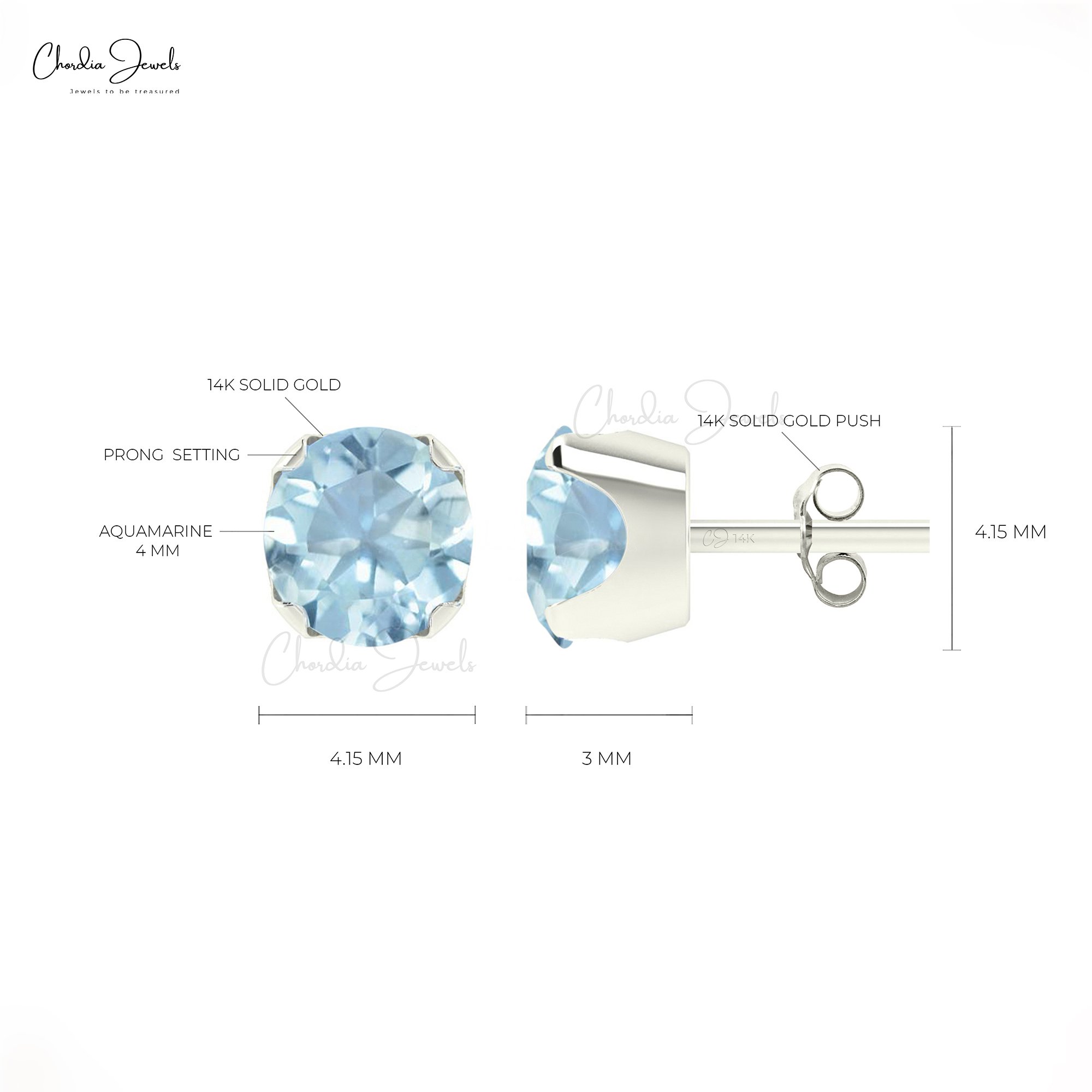 14k Solid Gold Dainty Studs 4mm Round Cut Aquamarine Gemstone Engagement Earrings Handmade Birthstone Jewelry At Wholesale Price