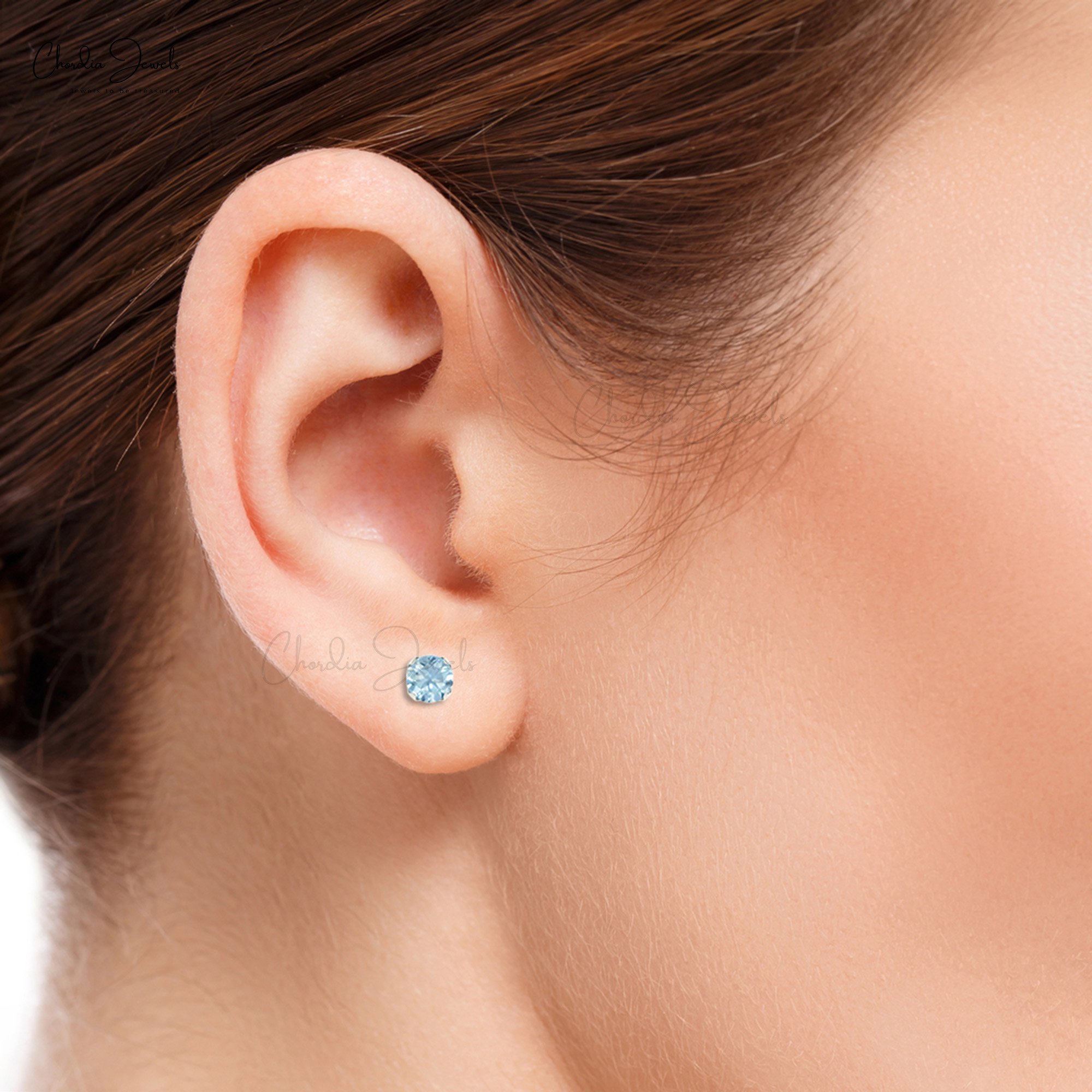 14k Solid Gold Dainty Studs 4mm Round Cut Aquamarine Gemstone Engagement Earrings Handmade Birthstone Jewelry At Wholesale Price