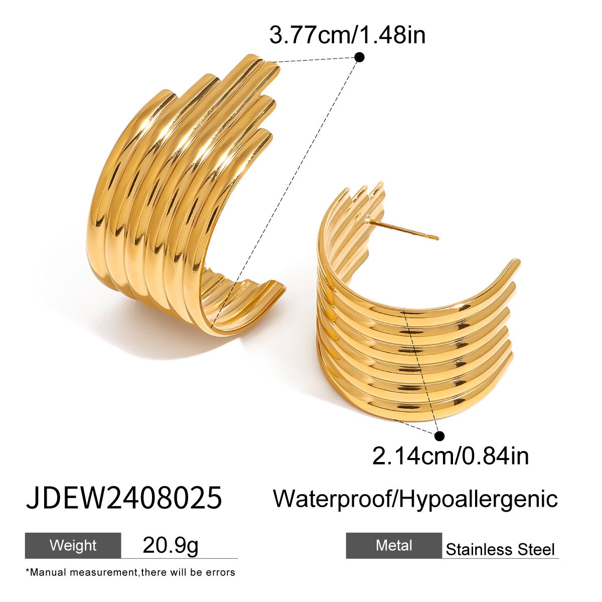 Design Ribbed Classic Simple Cuff Earring 18k PVD Gold Plated Glossy Fashion Stainless Steel Earrings