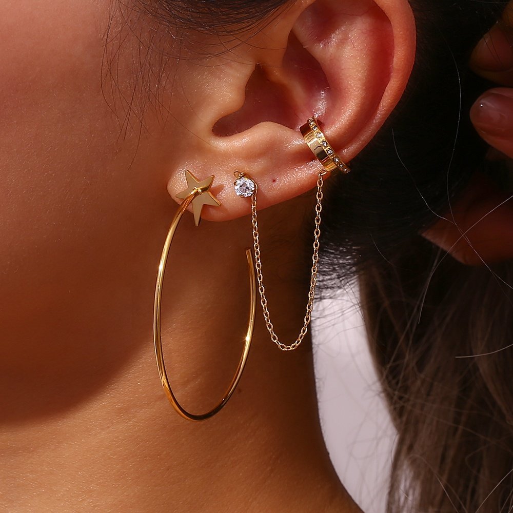 Elegant Zircon Clip on Stainless Steel Chain Earring Gold Plated Women Jewelry Ear Cuff Earrings