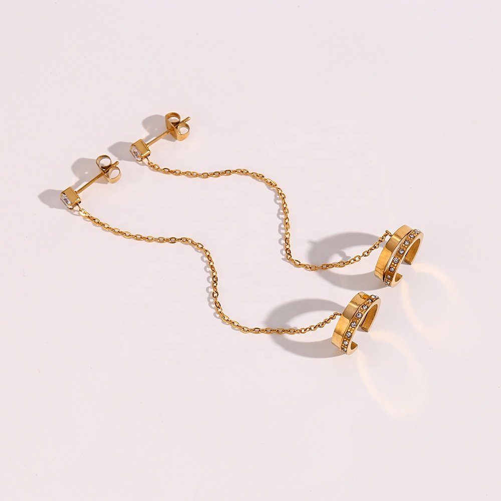 Elegant Zircon Clip on Stainless Steel Chain Earring Gold Plated Women Jewelry Ear Cuff Earrings