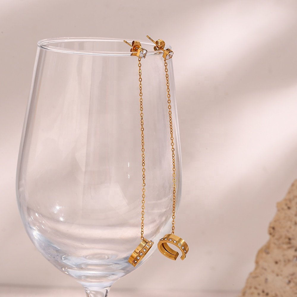 Elegant Zircon Clip on Stainless Steel Chain Earring Gold Plated Women Jewelry Ear Cuff Earrings