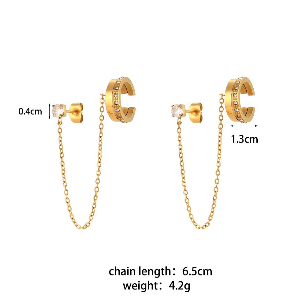 Elegant Zircon Clip on Stainless Steel Chain Earring Gold Plated Women Jewelry Ear Cuff Earrings