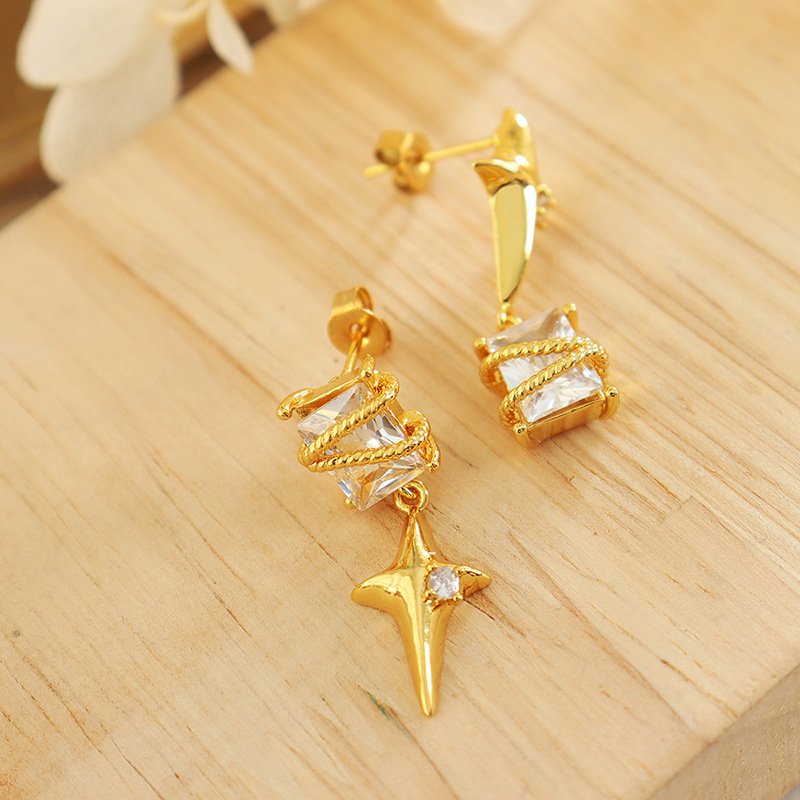 BJG0177E 18K Gold Plating White CZ Cross Earrings Stainless Steel Zircon Diamond Star Stud Earrings Women