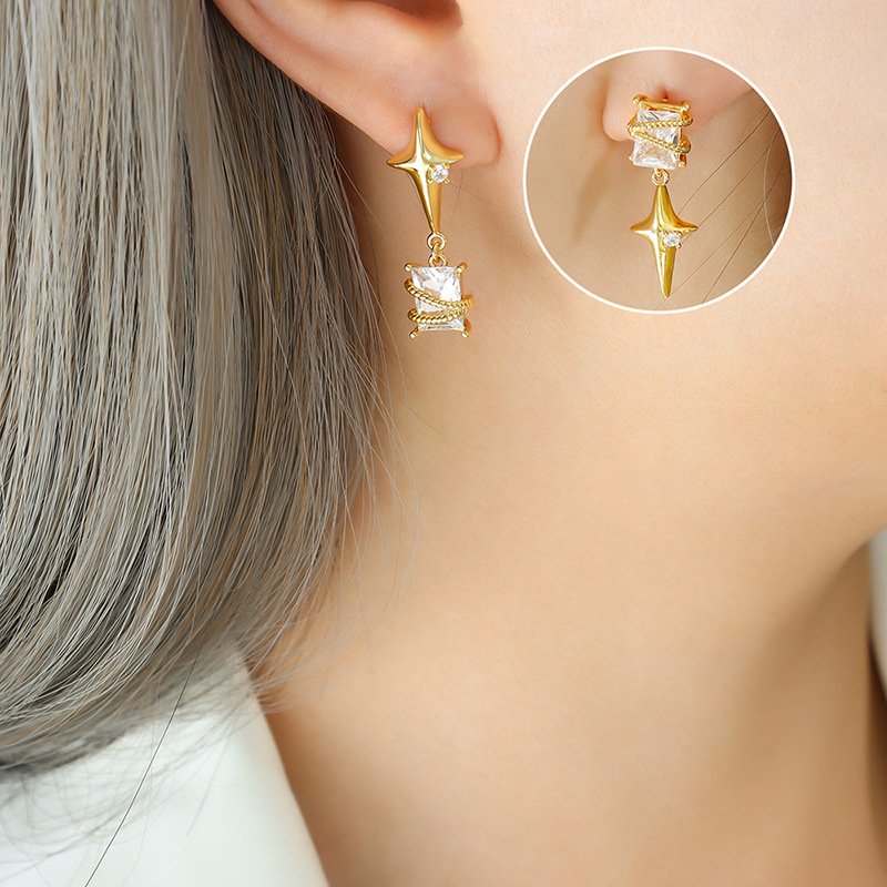 BJG0177E 18K Gold Plating White CZ Cross Earrings Stainless Steel Zircon Diamond Star Stud Earrings Women