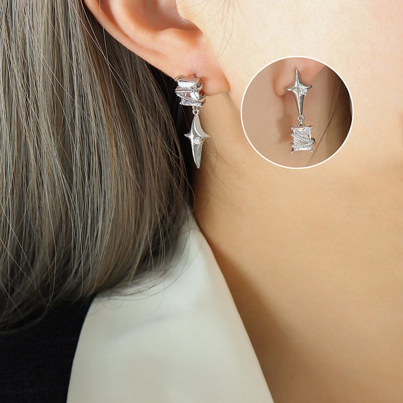 BJG0177E 18K Gold Plating White CZ Cross Earrings Stainless Steel Zircon Diamond Star Stud Earrings Women