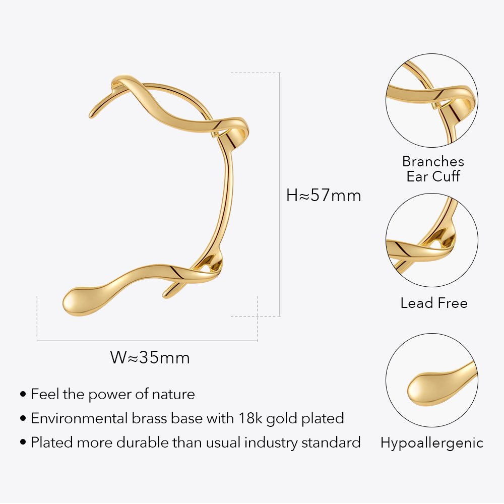 Original Design 18K Gold Plated Brass Jewelry Irregular Branches Ear Cuff Non-Piercing Clip On Party Earrings E221375