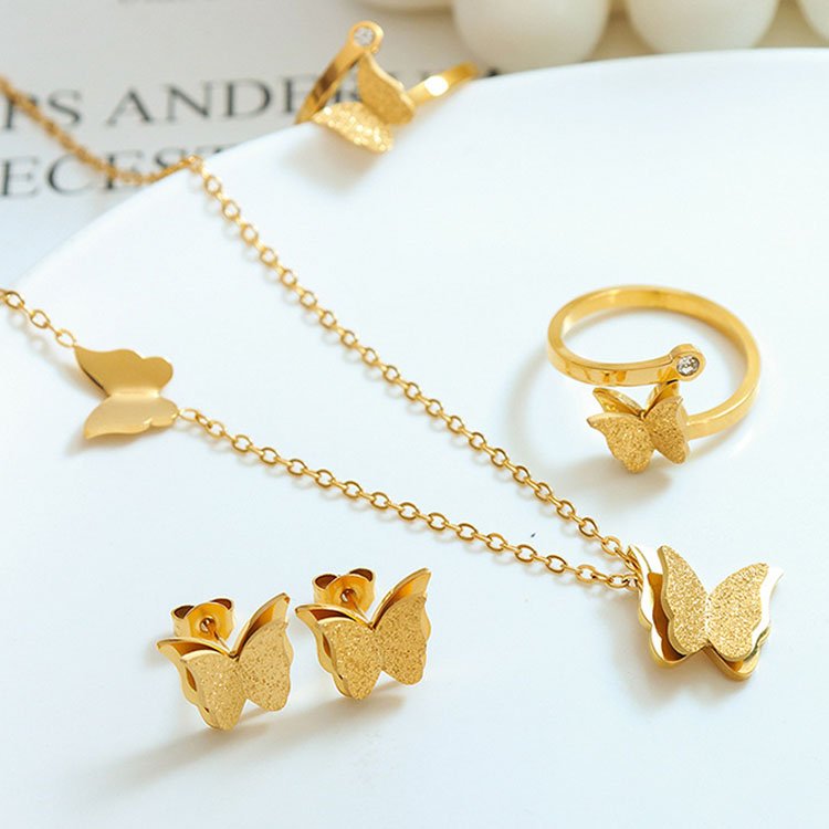 18K Gold Plated Womens Stainless Steel Cubic Zirconia Butterfly Matte Finish Cuff Engagement Ring Necklace Earrings Jewelry Set