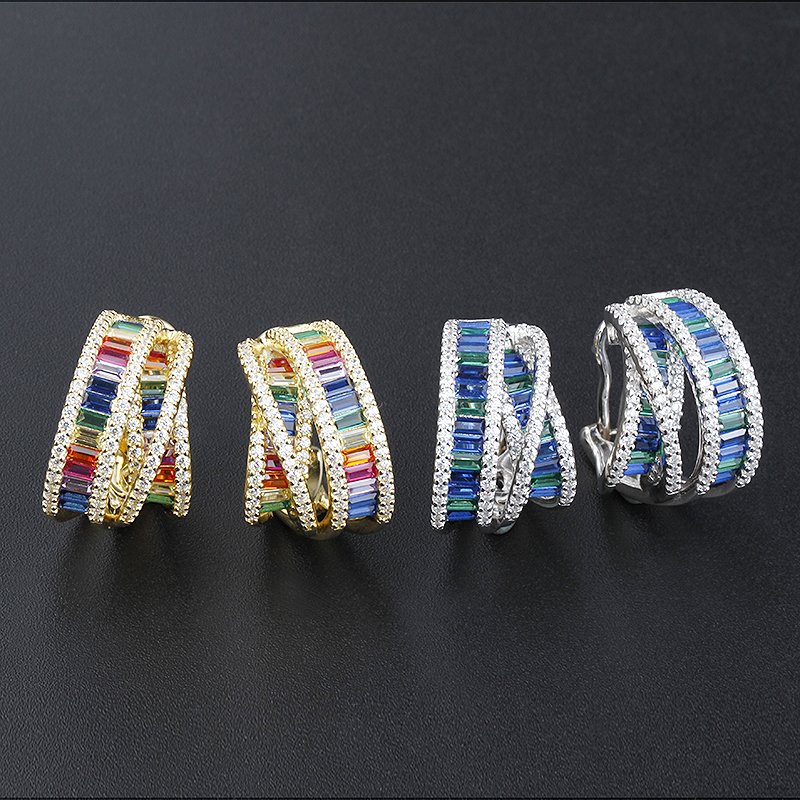 Luxury sapphire baguette diamond cz earring s 925 sterling silver cubic zirconia European jewelry 18k gold plated women earrings