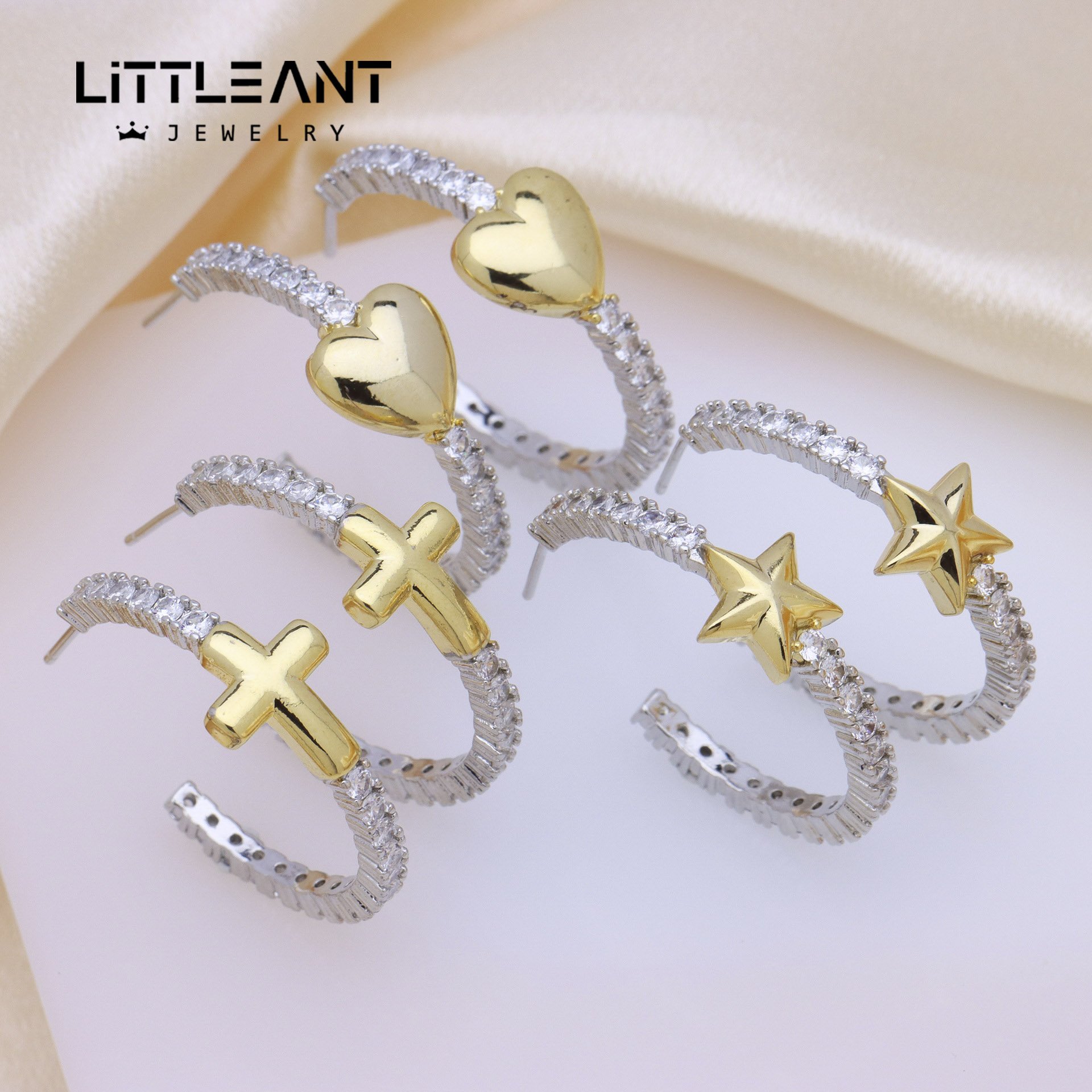 High Quality Gold Silver Color Fine Cuff Earrings Elegant Cross Heart Bow Zircon Stainless Steel Earrings for Women