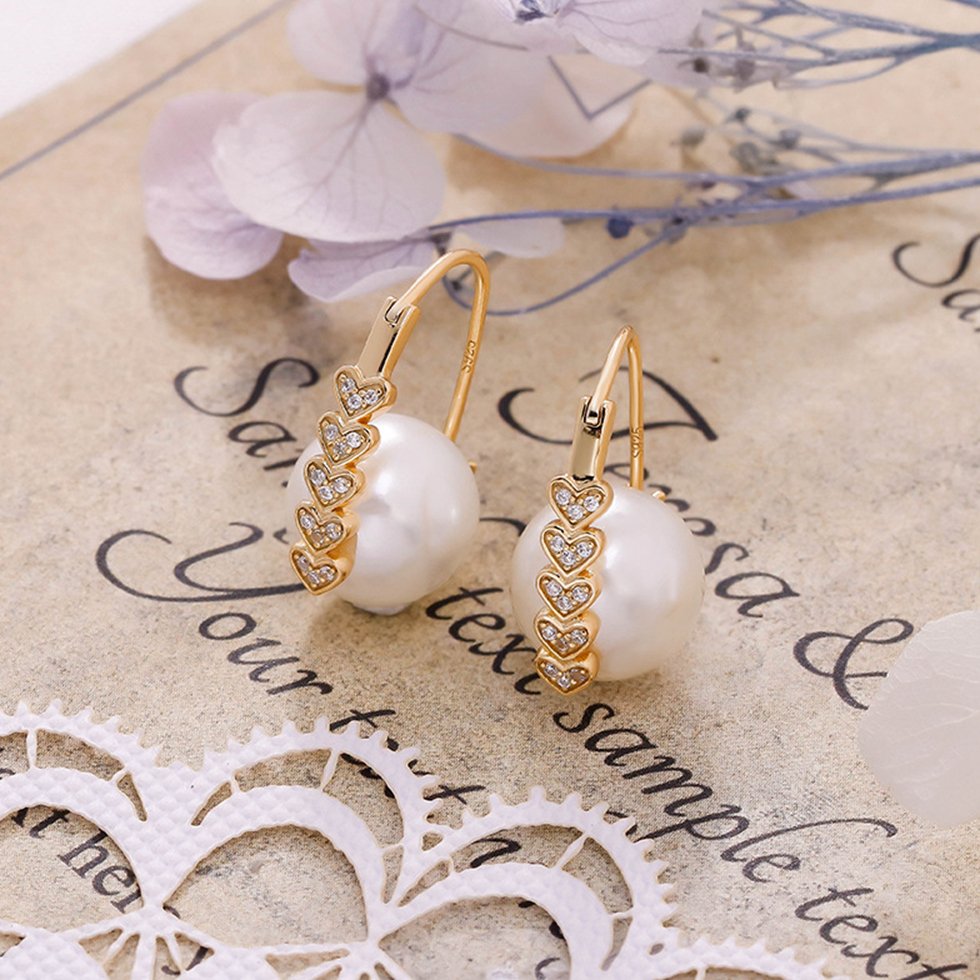 925 Sterling Silver 14K Gold Plated Gemstone Directional Arrow Heart Shaped Pearl Earrings