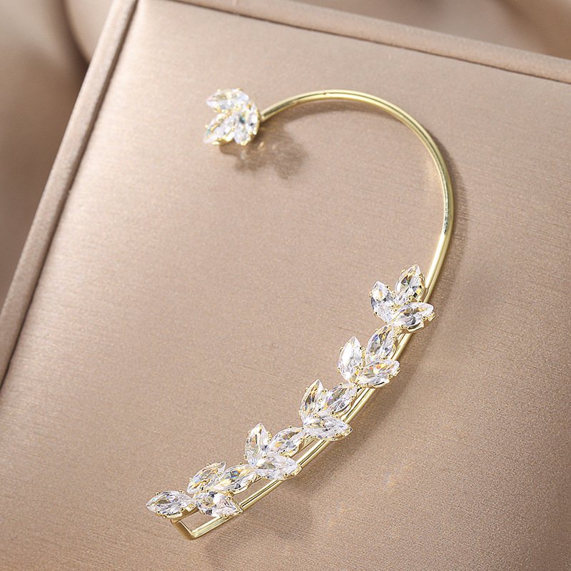 Fashion Maple Leaf Cuff Earring Shining Ear Bone Hook Earrings Plated Elegant Jewelry Earrings Cubic Zirconia 14K Brass Gold