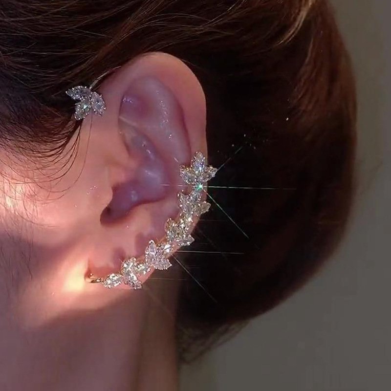 Fashion Maple Leaf Cuff Earring Shining Ear Bone Hook Earrings Plated Elegant Jewelry Earrings Cubic Zirconia 14K Brass Gold