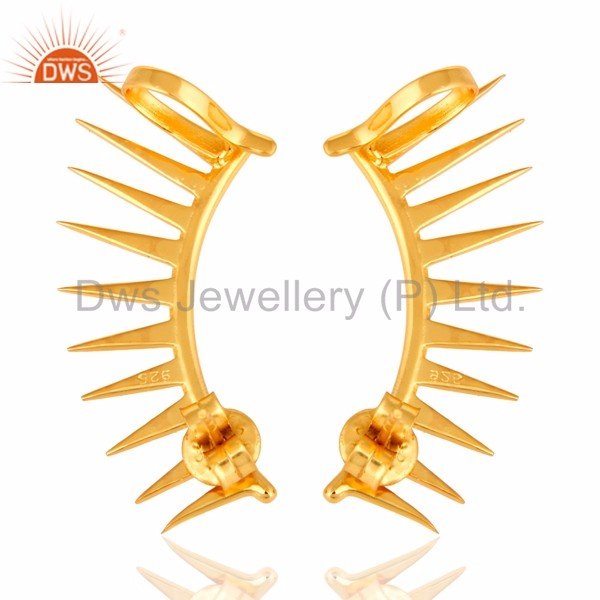 Shiny Gold Plated Sterling Silver Spike Ear Cuff Earrings For Girls Designer Jewelry For Women Gift For Her