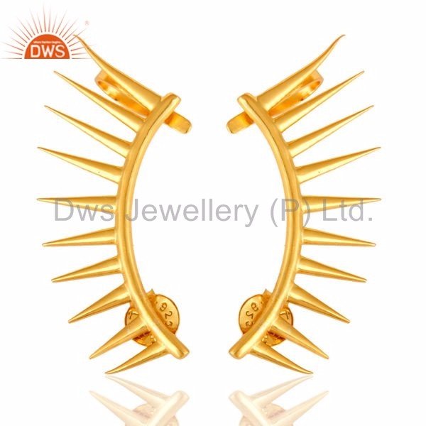 Shiny Gold Plated Sterling Silver Spike Ear Cuff Earrings For Girls Designer Jewelry For Women Gift For Her