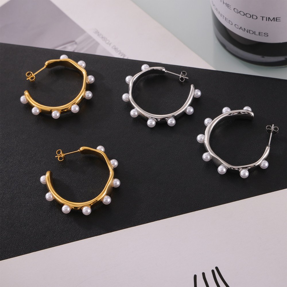 E0421 Fashion Designer 18k Gold Plated Cuff Earring Jewelry Women Stainless Pearl Earrings