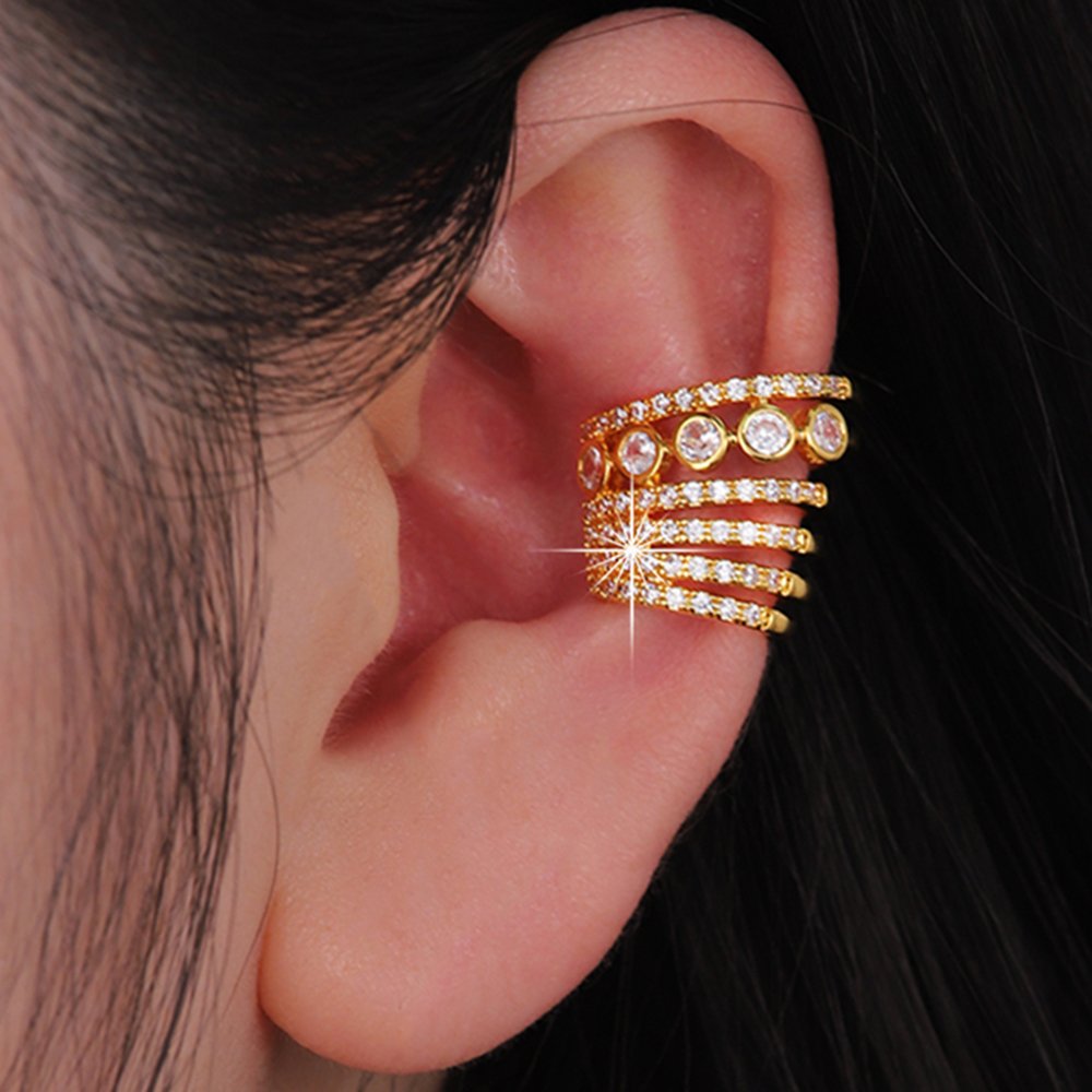 New 2024 Wholesale Multi-Layered Ear Clips 5AZircon Brass Gold Plated No Piercing Ear Cuff Earrings for Women