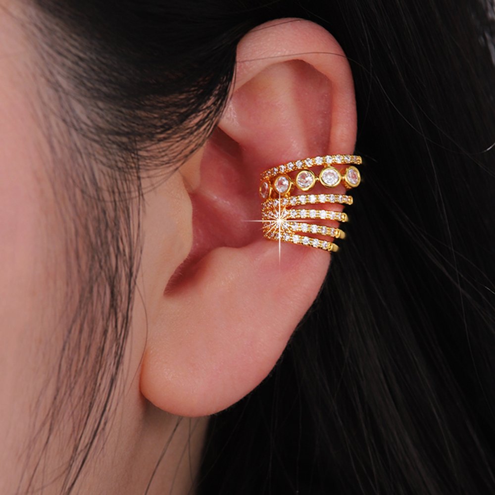 New 2024 Wholesale Multi-Layered Ear Clips 5AZircon Brass Gold Plated No Piercing Ear Cuff Earrings for Women
