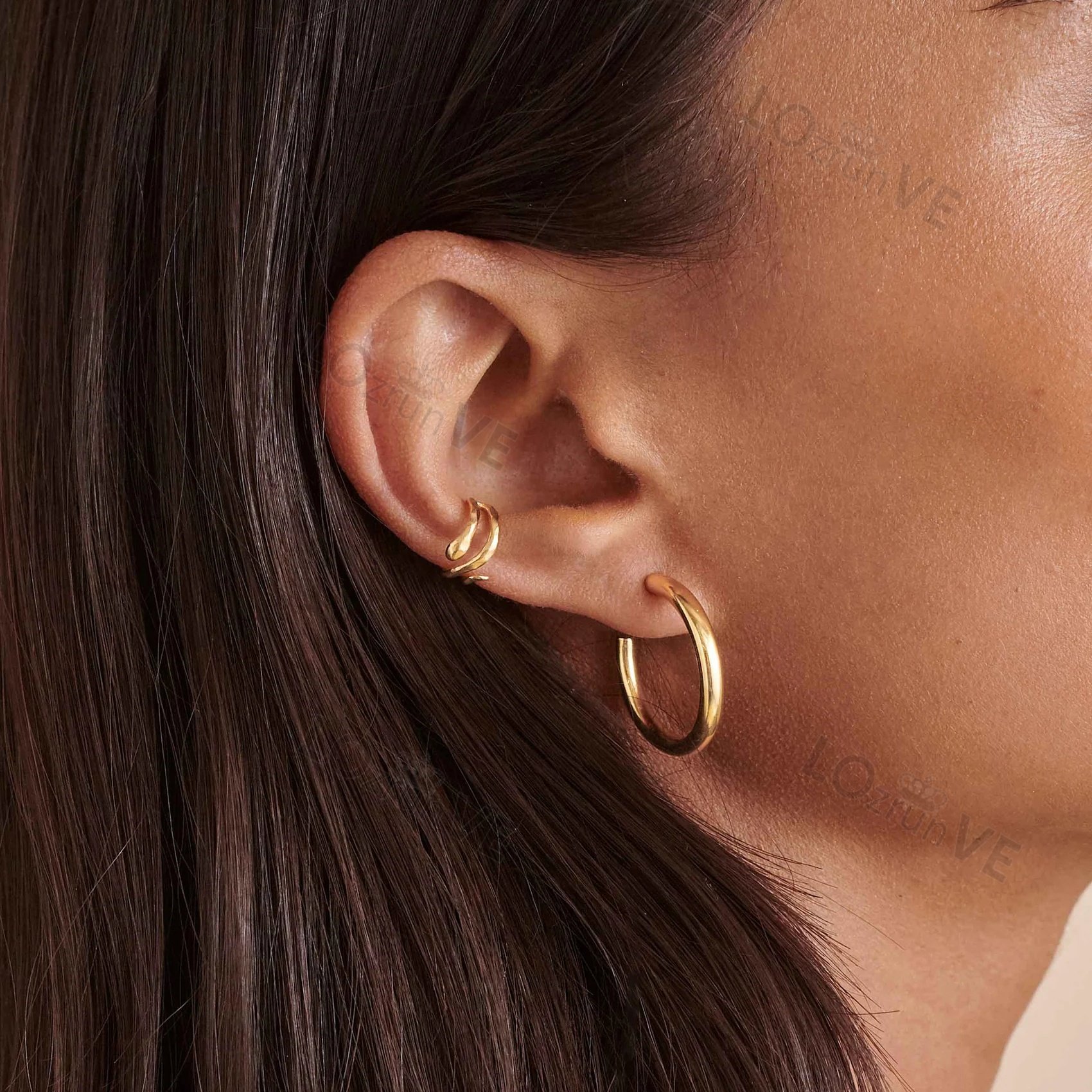 LOZRUNVE 18k Gold Plated Jewelry Vintage Handmade Hammered Plain Silver Snake Ear Cuff Earring
